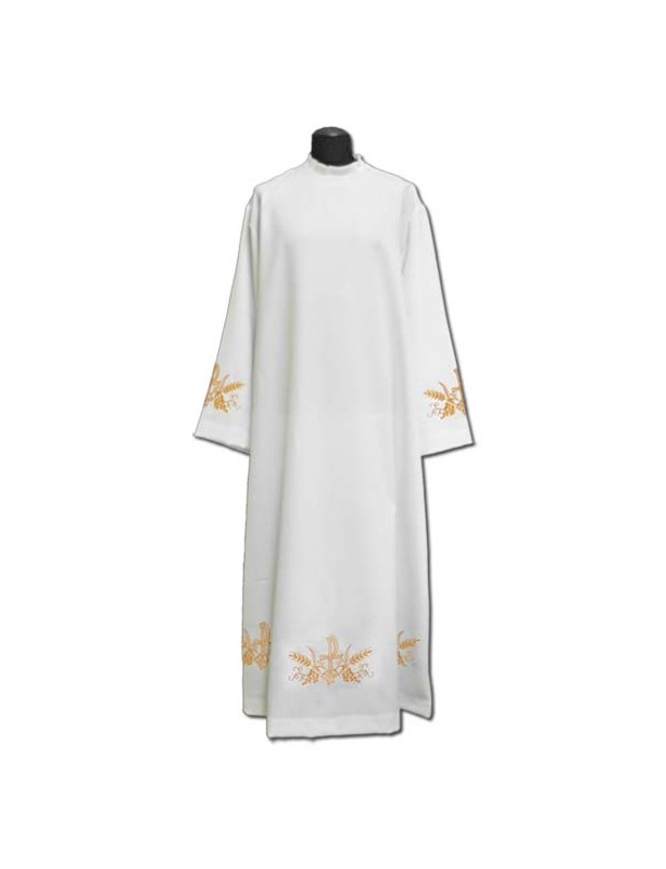 White Catholic Priest Alb with Gold Wheat and Cross Embroidery