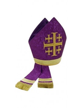 Hand-embroidered bishop mitre: Mitra haftowana - fioletowa, złoty Krzyż Jerozolimski
