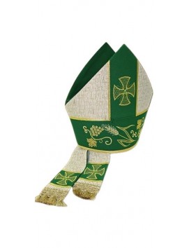 Hand-embroidered bishop mitre: Mitra haftowana - zielona, złota