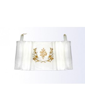 White Humeral Veil with Gold IHS Embroidery and Floral Motifs for Liturgical Use