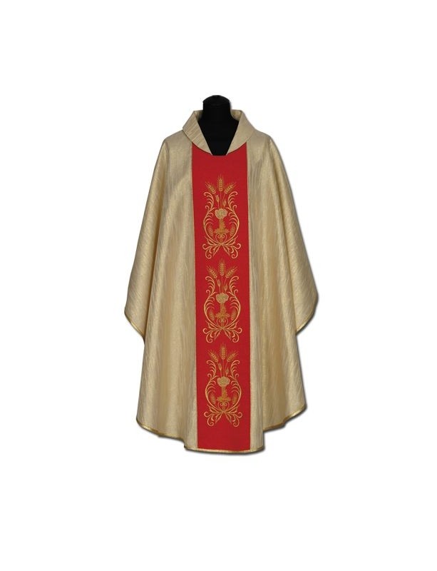 Gold embroidered chasuble, red belt