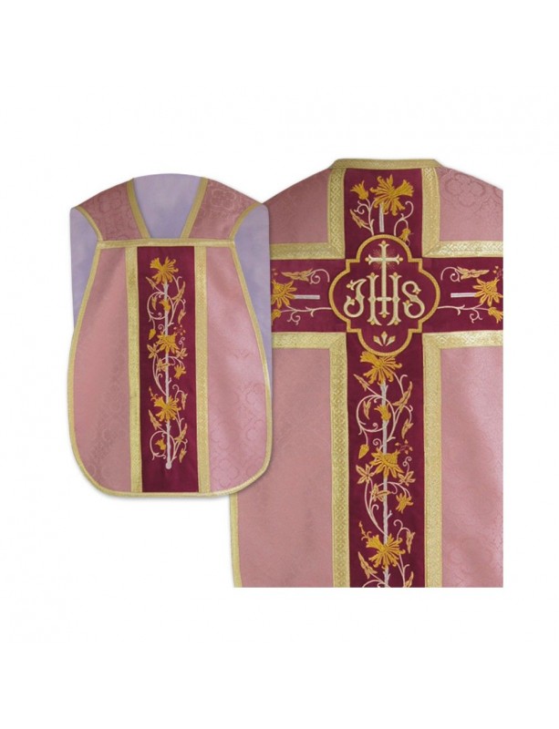 Casulla romana IHS - rosa, jacquard