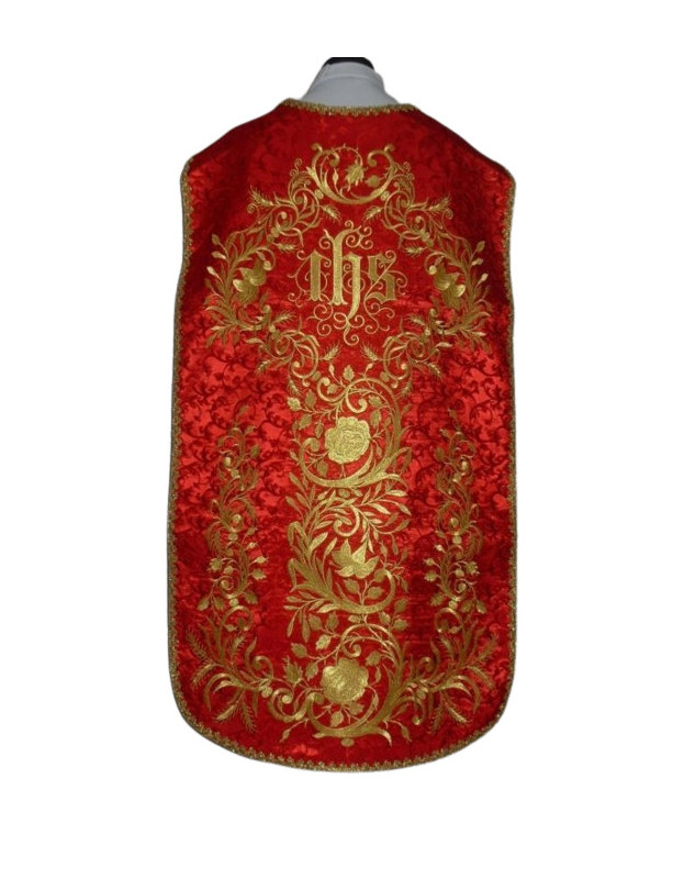 Casulla romana roja bordada IHS