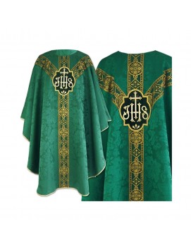 Ornat semi gotycki zielony - tkanina żakard - IHS