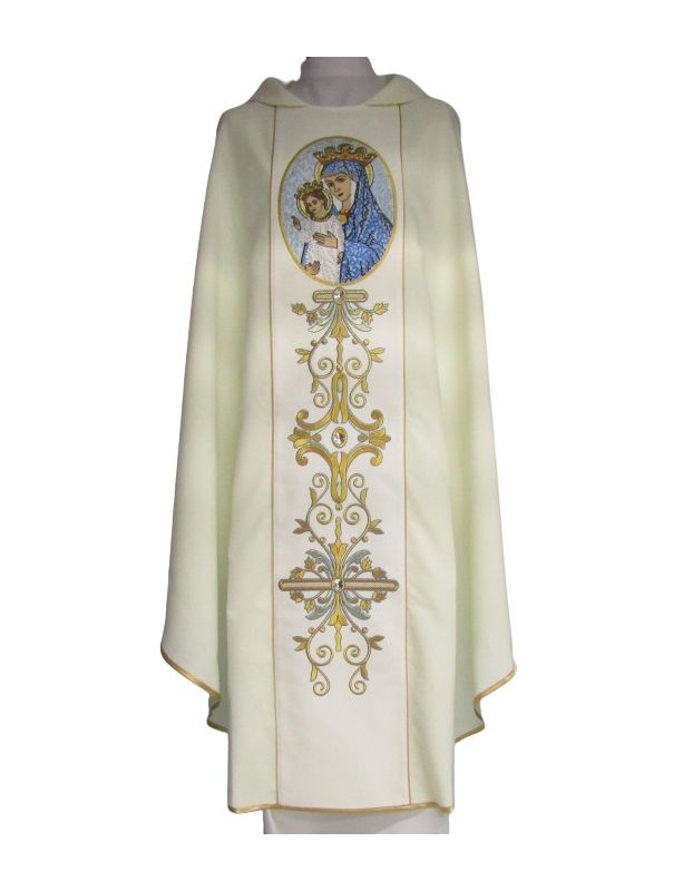Chasuble brodée Notre-Dame de l'Église - tissu écru uni