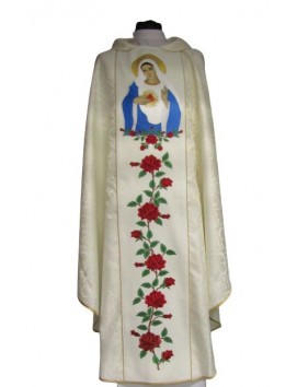 Embroidered chasuble Immaculate Heart of the Virgin Mary - ecru rosette fabric