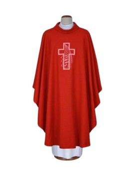 Embroidered red chasuble - linen fabric (14)