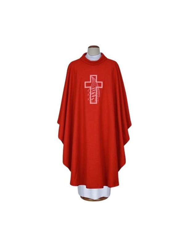 Embroidered red chasuble - linen fabric (14)