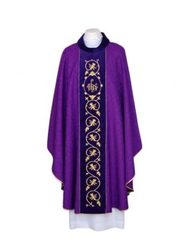 Purple chasuble embroidered, damask fabric - IHS (21)