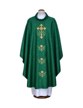 Chasuble verte brodée, tissu damassé - Croix