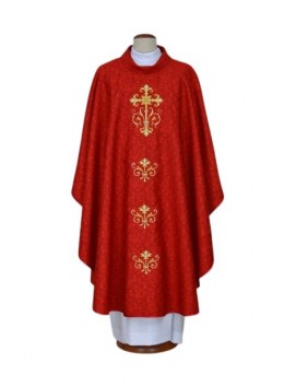 Embroidered red chasuble, damask fabric - Cross (22)