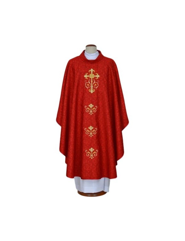 Casula rossa ricamata, tessuto damascato - Croce (22)