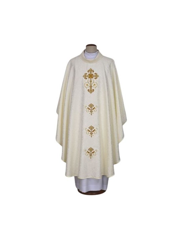 Chasuble brodée écru, tissu damassé - Croix