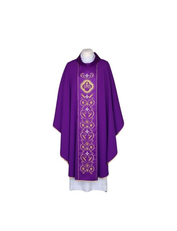 Purple chasuble embroidered, satin belt - IHS (23)