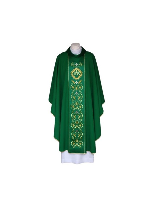 Besticktes grünes Messgewand, Gürtel aus Satin - IHS