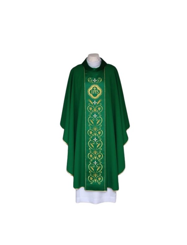 Embroidered green chasuble, satin belt - IHS (23)
