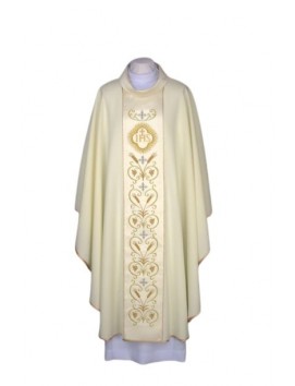 Chasuble ecru embroidered, satin belt - IHS (23)