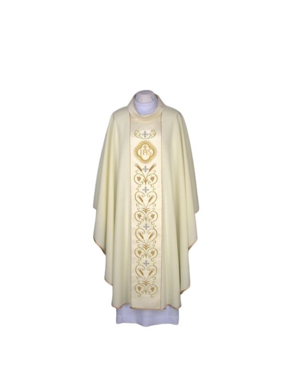 Chasuble ecru embroidered, satin belt - IHS (23)