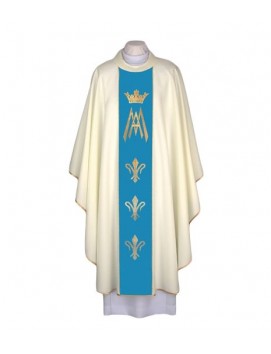Marian Chasuble with Blue belt, Gold Crown, and Fleur-de-Lis Embroidery