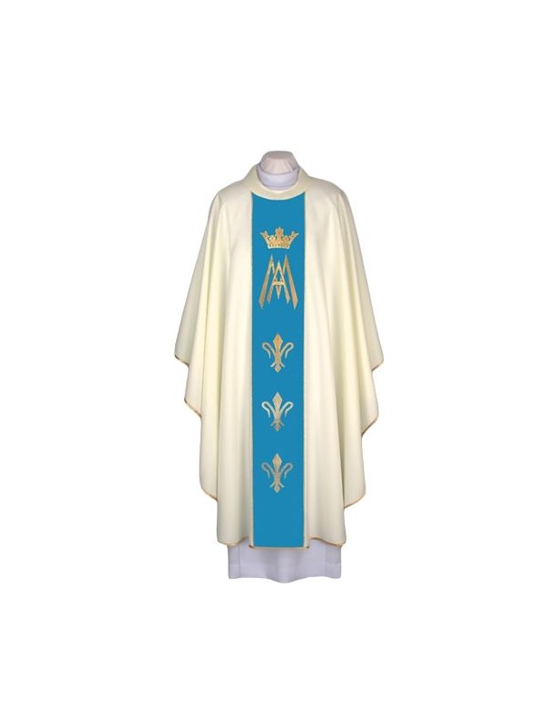 Marian Chasuble with Blue belt, Gold Crown, and Fleur-de-Lis Embroidery