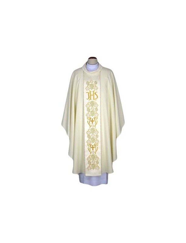 Ecru embroidered chasuble - richly embroidered IHS belt (65)