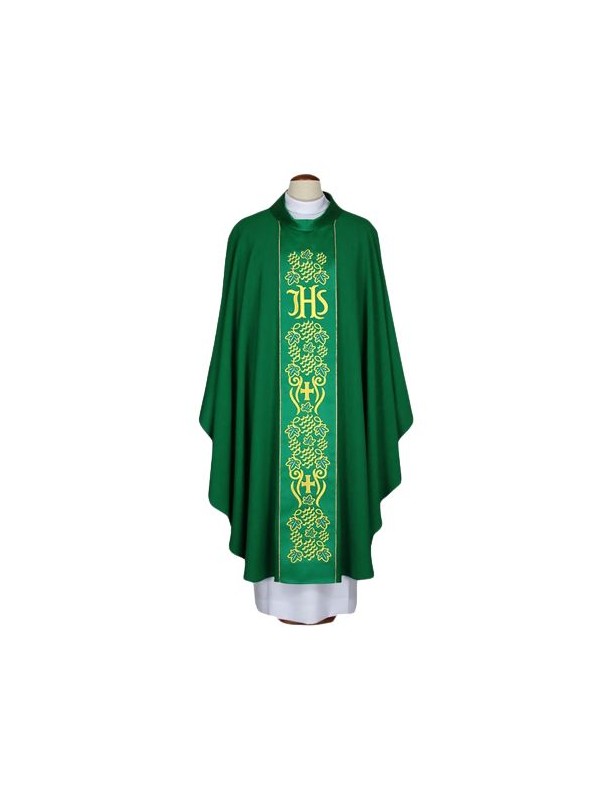 Green embroidered chasuble - richly embroidered IHS belt (67)