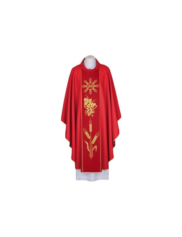 Chasuble red with IHS - woven decorative belt (93)