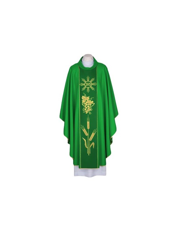 Casulla verde con IHS - cinturón decorativo tejido