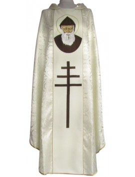 Chasuble brodée de Saint Charbel - tissu écru à rosettes