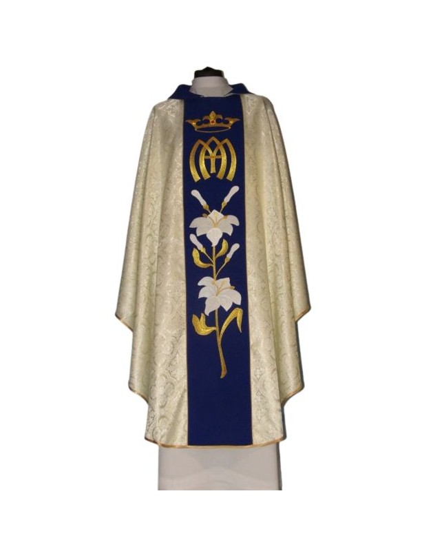 Chasuble mariale avec ceinture brodée, tissu à rosettes