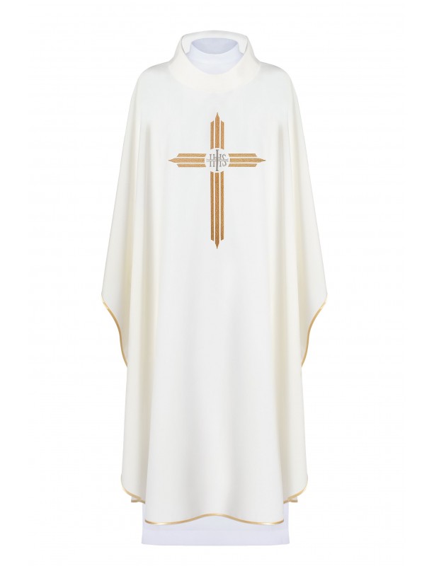 Chasuble brodée Croix avec symbole IHS - écru (H7)