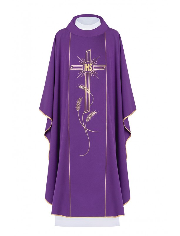 Besticktes Messgewand Kreuz mit IHS-Symbol - violett (H14)