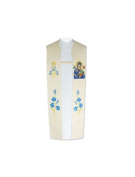 Vyšívaná liturgická štóla s Najsvätejšou Pannou Perpetuálnou Pomocou a modrými kvetinovými motívmi