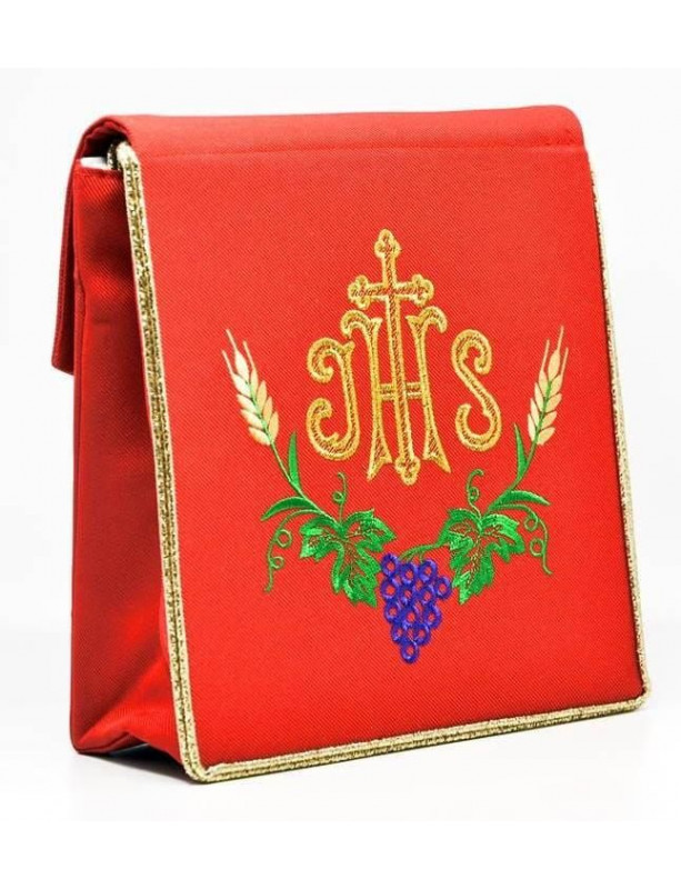 Red Catholic Burse for Pyx with IHS Embroidery and Wheat & Grapes
