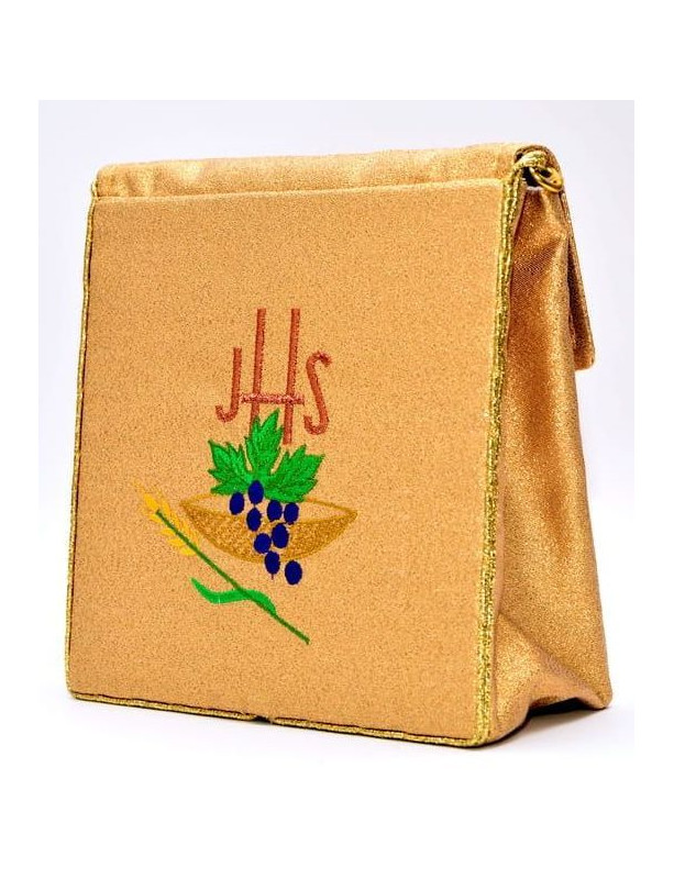 Golden Catholic Burse with Eucharistic Embroidery – Grapes, Wheat, and JHS Symbol