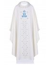 Marian Chasuble with Blue Embroidered Marian Symbol and Ornate Vertical Design