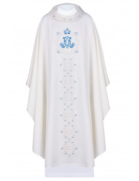 Marian Chasuble with Blue Embroidered Marian Symbol and Ornate Vertical Design