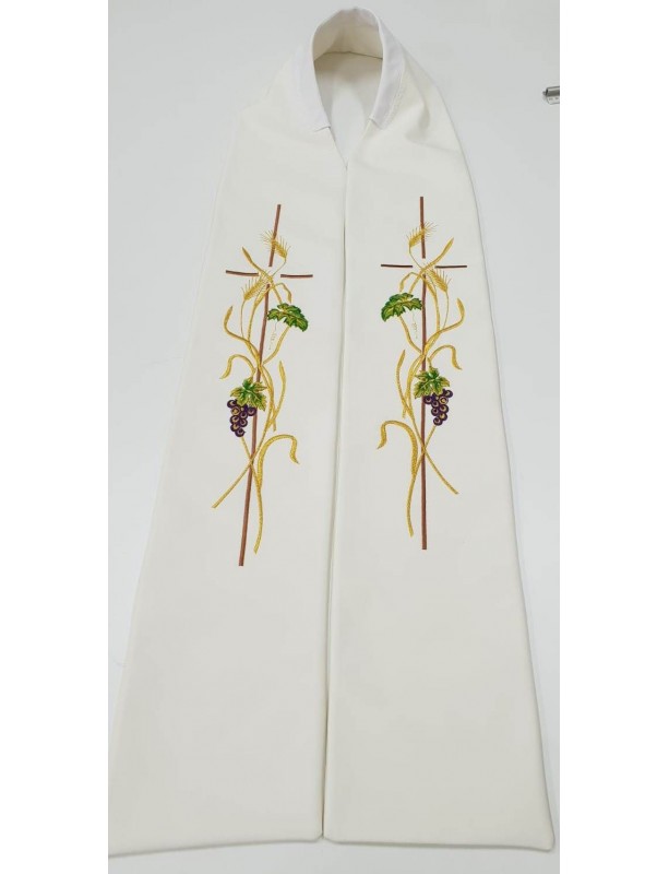 Ecru embroidered priest's stole - cross, ears, grapes (3)