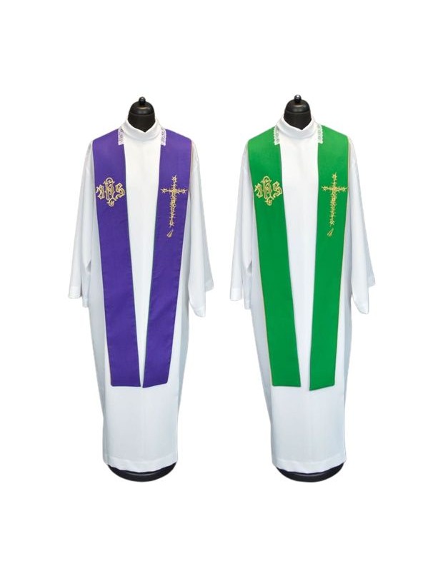 Double-sided purple and green IHS priest's stole