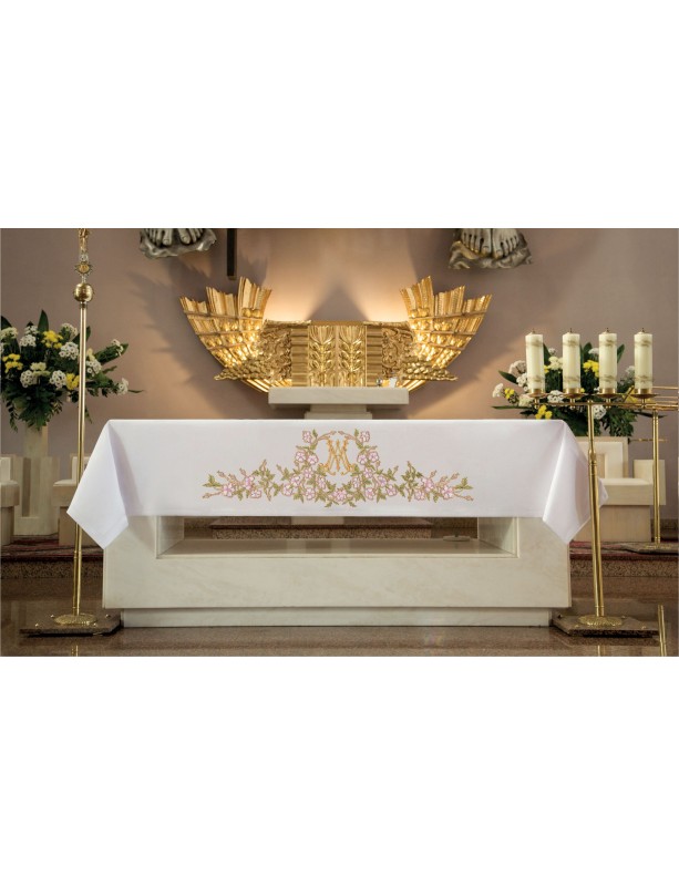 Altartuch - gesticktes Marianisches Symbol + Blumen