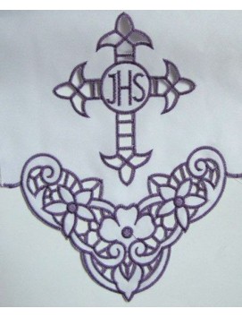 Tovaglia ricamata per altare - croce IHS viola