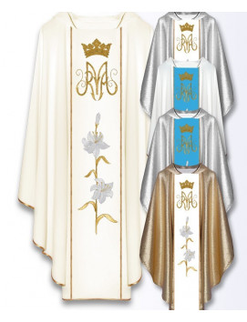 Marian Chasuble with Crown and Lily Embroidery – Available in Gold, Silver, and Blue Variants