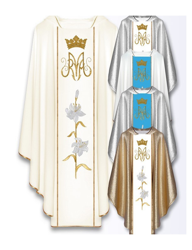 Marian Chasuble with Crown and Lily Embroidery – Available in Gold, Silver, and Blue Variants