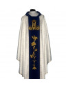 White Marian Chasuble with Blue Belt, Gold Crowned 'M' and Floral Embroidery