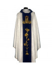 White Marian Chasuble with Blue Belt, Gold Crowned 'M' and Floral Embroidery