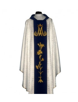 White Marian Chasuble with Blue Belt, Gold Crowned 'M' and Floral Embroidery