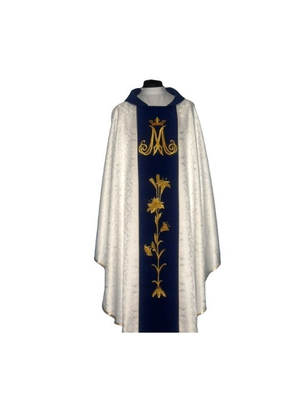 White Marian Chasuble with Blue Belt, Gold Crowned 'M' and Floral Embroidery