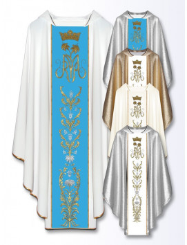 Marian Chasuble with Embroidered symbol and Floral Motifs – Available in Liturgical Colors
