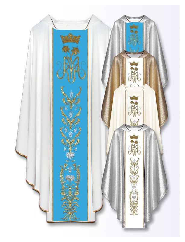 Marian Chasuble with Embroidered symbol and Floral Motifs – Available in Liturgical Colors