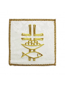 White embroidered chalice pall - Fish, cross